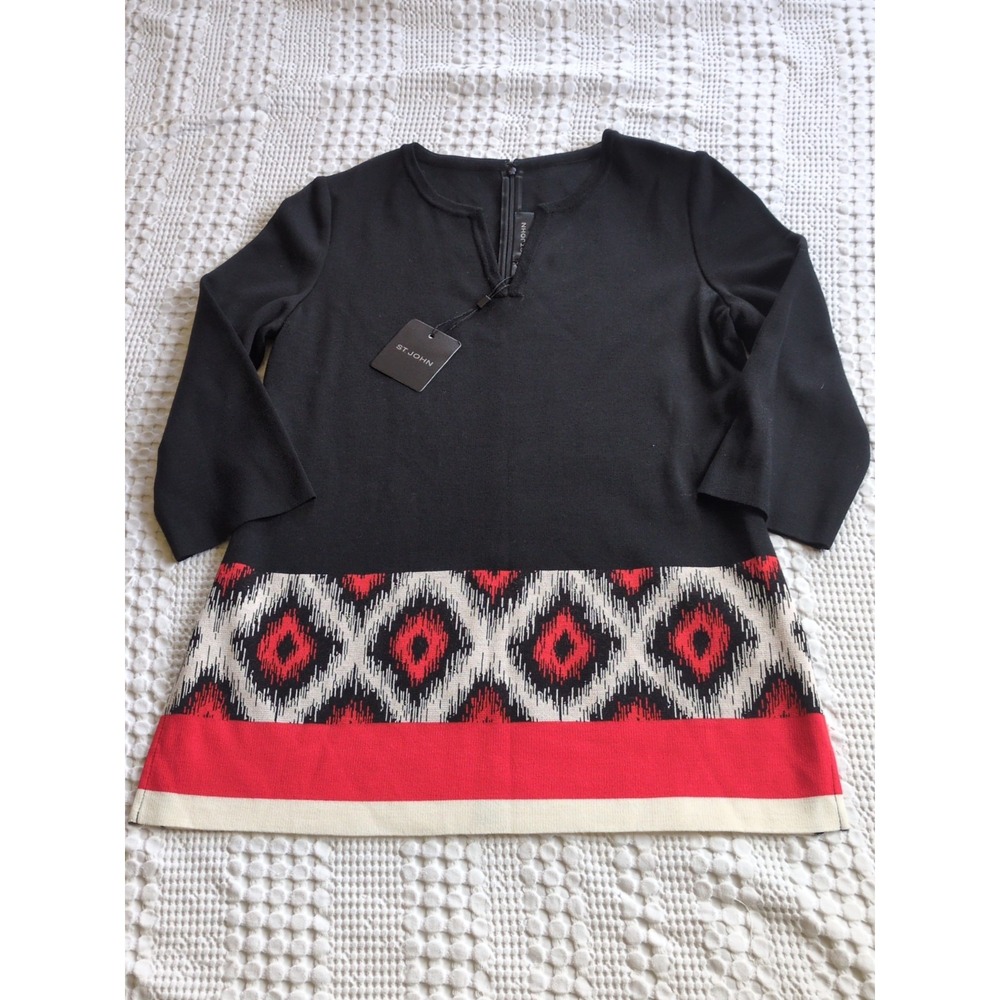 NWT St John Milano Knit Tunic Top Small Geometric V Neck 3/4 Sleeves Multicolor